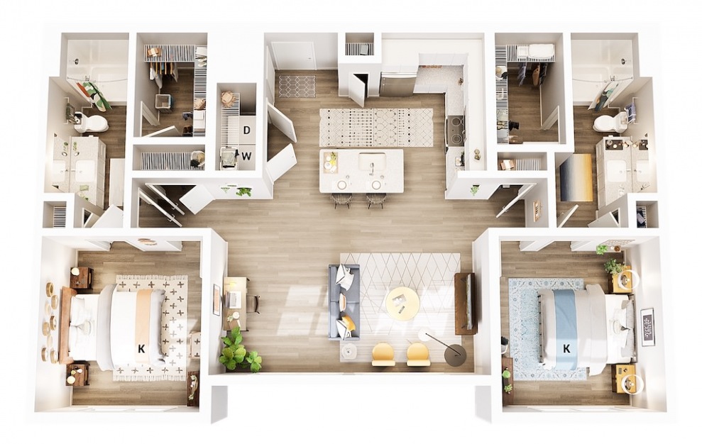 B1 - 2 bedroom floorplan layout with 2 baths and 1188 square feet.
